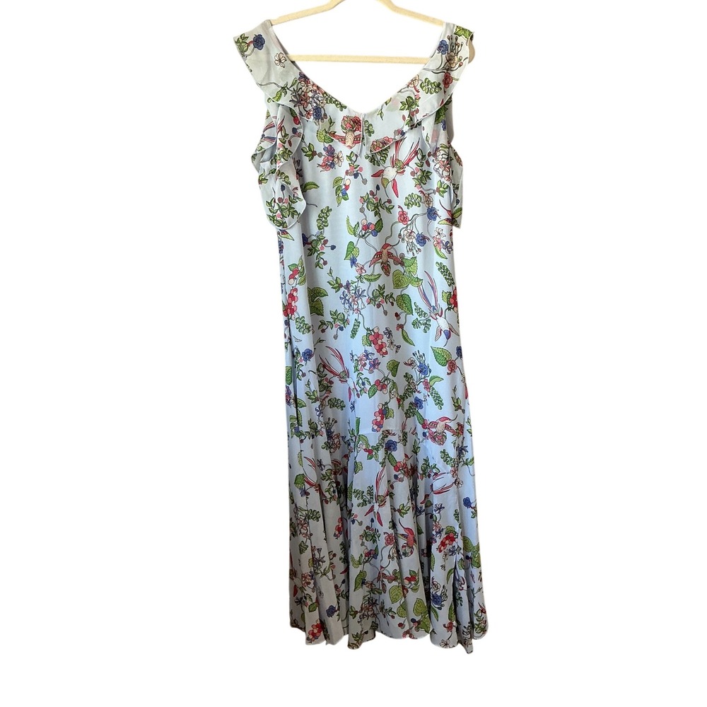 Nanette Lepore Blue Floral Hummingbird Ruffle Midi Dress Size 14 Botanical Print